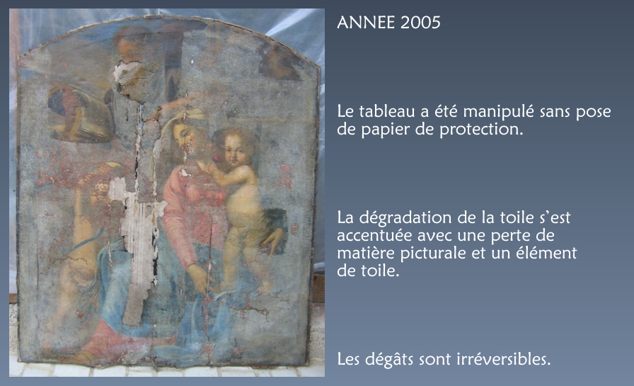Tableau La Sainte Famille - Dégradation de la toile et perte de matière picturale